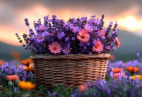 ai gerado cesta com ramalhete do flores silvestres dentro a campo às pôr do sol foto