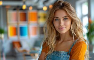 ai gerado retrato do jovem mulher com grandes loiro cabelo e azul olhos foto