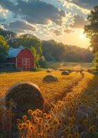 ai gerado feno fardos e girassóis em Fazenda campo às pôr do sol foto