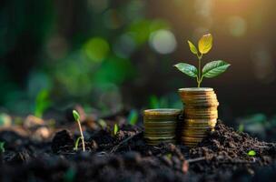 ai gerado uma pilha do moedas crescendo a partir de a terra com verde folhas. o negócio investimento e dinheiro gestão para a futuro. foto