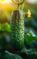 ai gerado pepinos crescendo dentro estufa. uma pepino suspensão em a videira foto