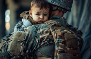 ai gerado soldado segurando bebê. uma militares homem e dele filho foto