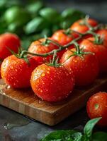 ai gerado fresco tomates e manjericão em de madeira corte borda foto