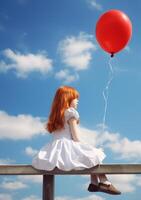 ai gerado ruiva pequeno garota. uma ruiva menina dentro branco vestir sentado em a cerca com vermelho ballon foto