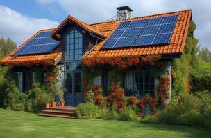 ai gerado lindo casa com solar painéis em a teto. fotovoltaico sistema em a cobertura foto