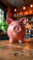 ai gerado Rosa porquinho banco em pé em de madeira mesa dentro cafeteria foto