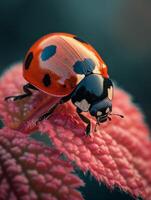 ai gerado joaninha em vermelho folha. uma lindo senhora erro dentro a jardim foto