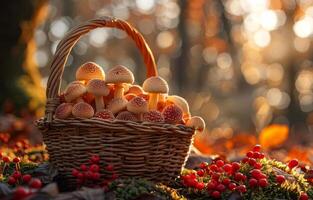 ai gerado vime cesta cheio do cogumelos dentro a floresta às pôr do sol foto