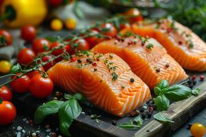 ai gerado cru salmão filé e ingredientes para cozinhando em de madeira borda foto