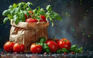 ai gerado fresco tomates e manjericão dentro papel bolsa. saudável Comida dentro uma papel saco foto