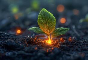 ai gerado jovem plantar crescendo dentro a manhã luz e caloroso luz solar com cópia de espaço foto