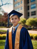 ai gerado sorridente Garoto graduado dentro boné e vestido em universidade campus às dourado hora foto