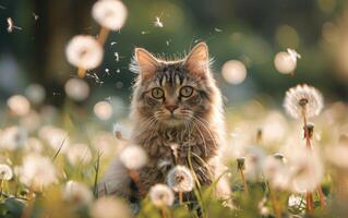 ai gerado uma cativante malhado gato senta no meio uma campo do dentes de leão foto