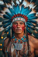 ai gerado indígena homem dentro tradicional vestuário foto