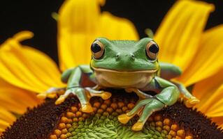 ai gerado uma verde árvore rã poleiros em a rico, Castanho Centro do uma brilhante amarelo girassol foto