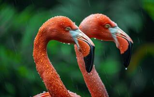 ai gerado majestoso flamingos dentro a chuva foto