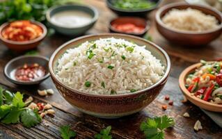 ai gerado uma tigela do cozinhou branco arroz cercado de a sortimento do vibrante especiarias e ervas foto