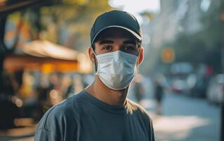 ai gerado uma jovem homem com uma Preto boné e cirúrgico mascarar, Novo normal dentro uma movimentado urbano configuração foto