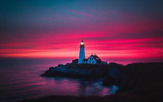 ai gerado uma farol carrinhos contra uma hipnotizante pôr do sol céu do profundo rosa e blues foto