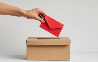 ai gerado a acima fechar perspectiva do uma mão vestindo uma vermelho suéter Como isto inserções uma vermelho envelope para dentro uma votação caixa foto