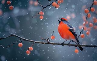 ai gerado vermelho Dom-fafe em uma Nevado ramo foto