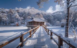 ai gerado uma sereno inverno cena captura uma tradicional coreano pagode coberto dentro neve foto