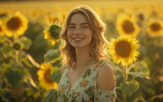 ai gerado sorridente mulher dentro girassol campo às pôr do sol foto