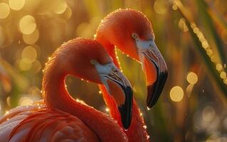 ai gerado dourado hora flamingos foto