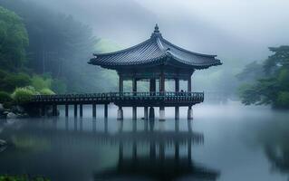 ai gerado enevoado beira do lago pagode foto