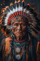 ai gerado nativo americano mais velho dentro tradicional vestuário foto