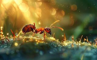 ai gerado uma macro tiro captura uma solitário formiga coberto dentro gotas de orvalho foto