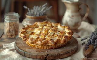 ai gerado dourado matiz do uma recentemente cozido maçã torta, com uma perfeito treliça crosta foto