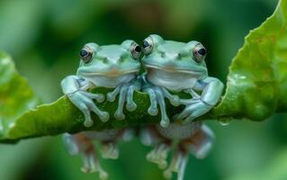 ai gerado uma cativante fechar acima do dois verde sapos espelhamento cada de outros em uma haste foto