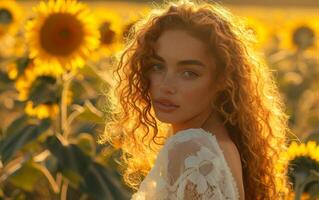 ai gerado uma mulher com encaracolado vermelho cabelo carrinhos no meio uma girassol campo foto