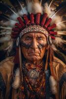 ai gerado a estimado nativo americano mais velho, adornado com uma tradicional cocar e regalia foto