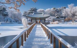 ai gerado uma sereno inverno cena captura uma tradicional coreano pagode coberto dentro neve foto