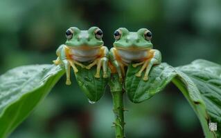 ai gerado uma cativante fechar acima do dois verde sapos espelhamento cada de outros em uma haste foto