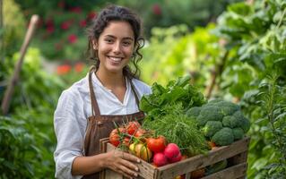 ai gerado uma sorridente mulher dentro uma jardim, orgulhosamente segurando uma engradado do recentemente escolhido legumes foto