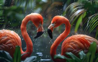 ai gerado dentro uma concurso momento do conexão, dois flamingos, seus penas enfeitado com joias com pingos de chuva foto