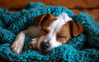 ai gerado fechar acima do uma pacífico jack russell terrier dormindo profundamente, enrolado acima dentro uma acolhedor cerceta tricotado cobertor foto