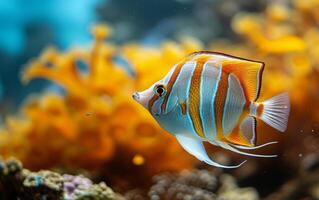 ai gerado uma vividamente listrado cobre Peixe borboleta nada graciosamente perto a vibrante corais foto