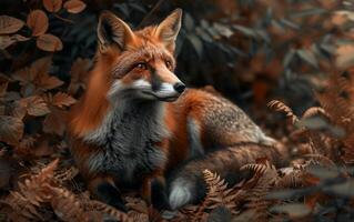 ai gerado a adulto Raposa senta no meio uma exuberante floresta, Está impressionante laranja pele foto