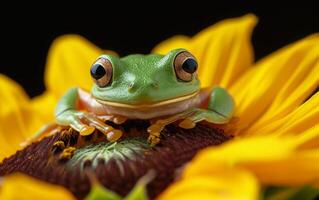 ai gerado uma verde árvore rã poleiros em a rico, Castanho Centro do uma brilhante amarelo girassol foto