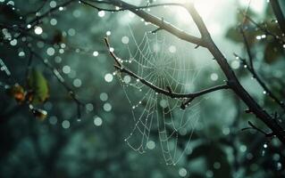 ai gerado uma macro fotografia captura a luminoso beleza do gotas de orvalho adornando uma aranha rede foto