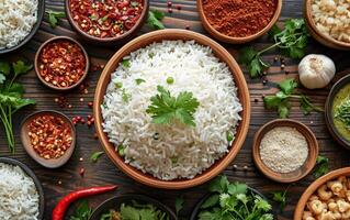 ai gerado uma tigela do cozinhou branco arroz cercado de a sortimento do vibrante especiarias e ervas foto