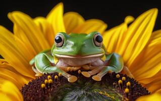 ai gerado uma verde árvore rã poleiros em a rico, Castanho Centro do uma brilhante amarelo girassol foto