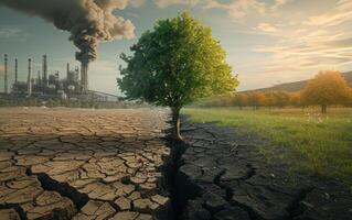 ai gerado uma solteiro exuberante verde árvore carrinhos em a fronteira do uma rachado, estéril terra e uma vibrante gramíneo campo foto