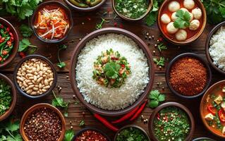 ai gerado uma tigela do cozinhou branco arroz cercado de a sortimento do vibrante especiarias e ervas foto