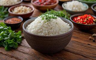 ai gerado uma tigela do cozinhou branco arroz cercado de a sortimento do vibrante especiarias e ervas foto