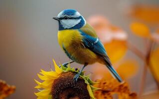 ai gerado isto artístico imagem características uma azul tit belas integrado para dentro uma esquentar, suave foco fundo com vívido girassóis foto